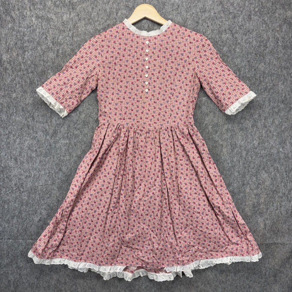 Vintage Praire Dress Cottage Core Cotton Lace Pink Floral Midi Handmade